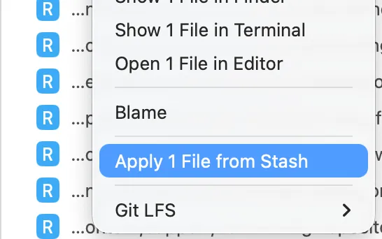 Apply selected files from a stash screenshot