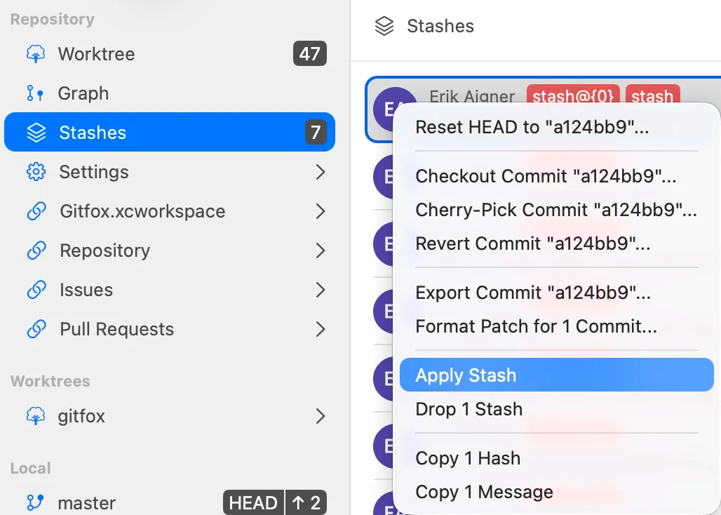 Apply a stash from the sidebar screenshot