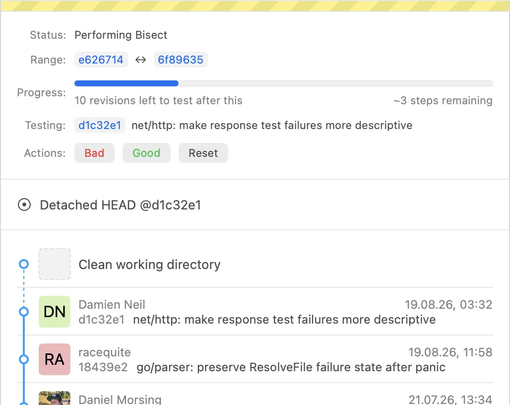 Test commits during an active bisect screenshot