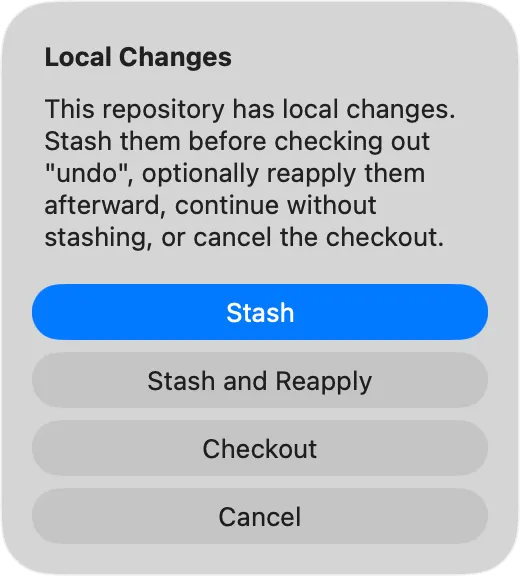 Stash changes before checkout screenshot