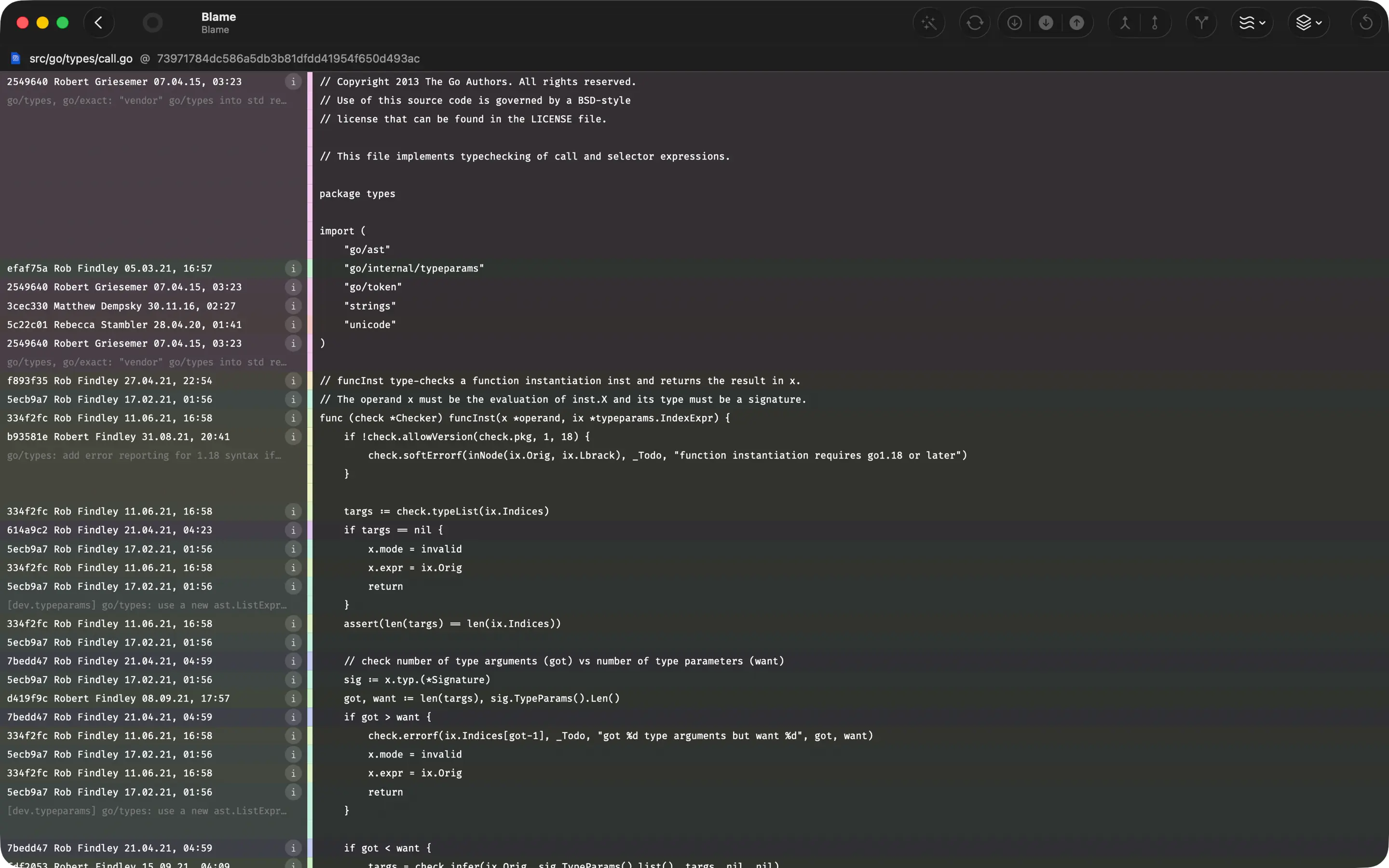Inline blame view with author and commit annotations