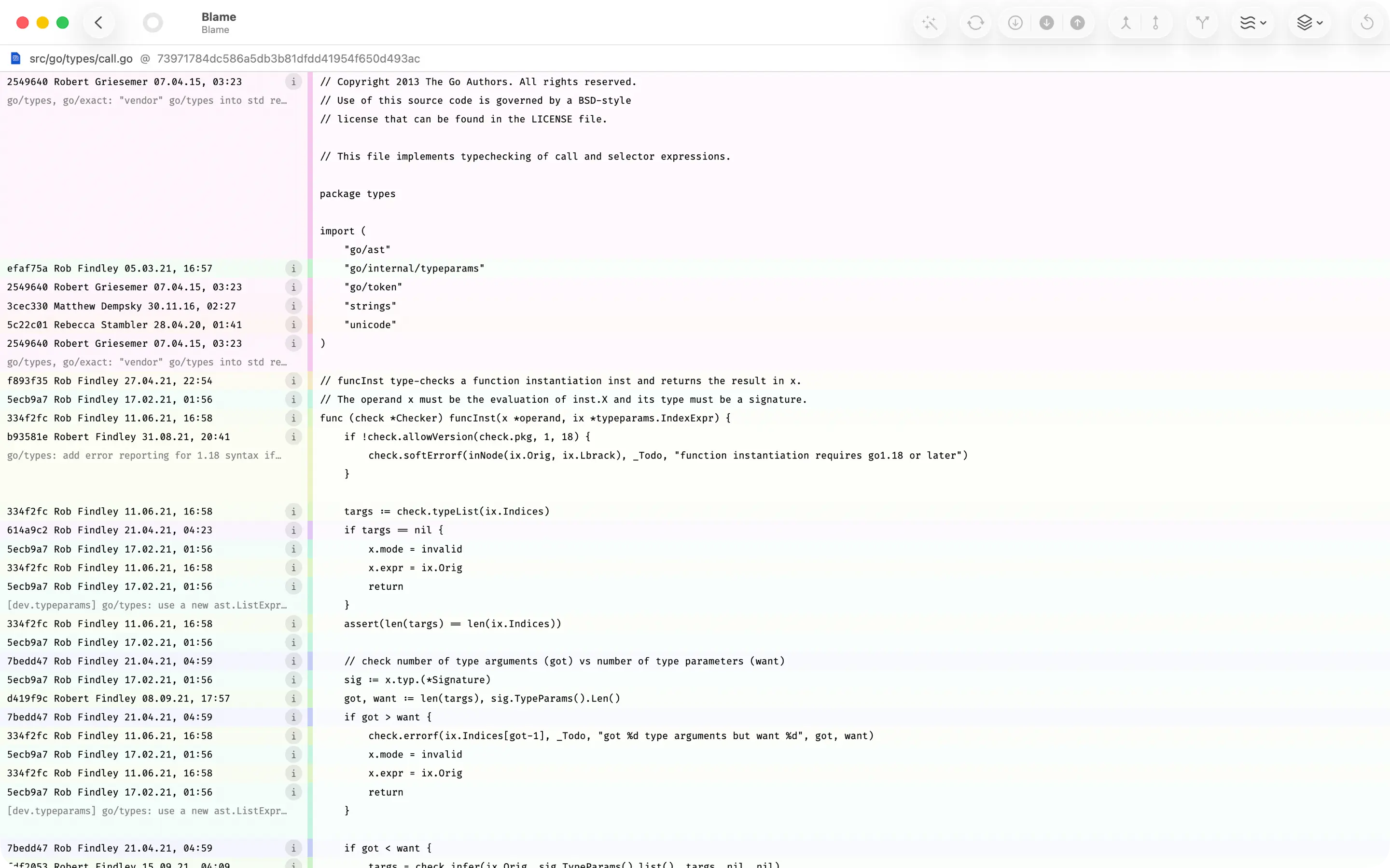 Inline blame view with author and commit annotations