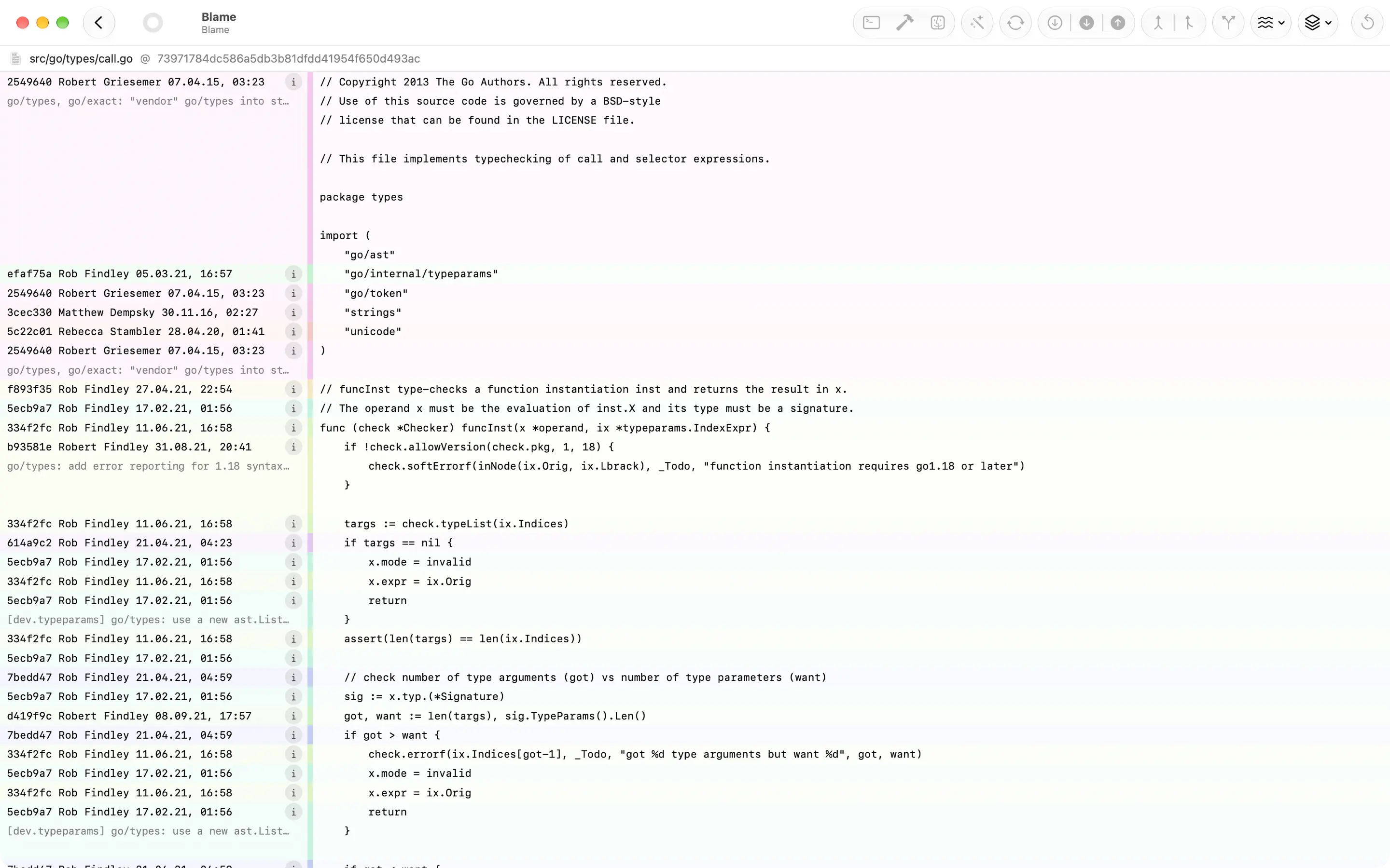 Inline blame view with author and commit annotations