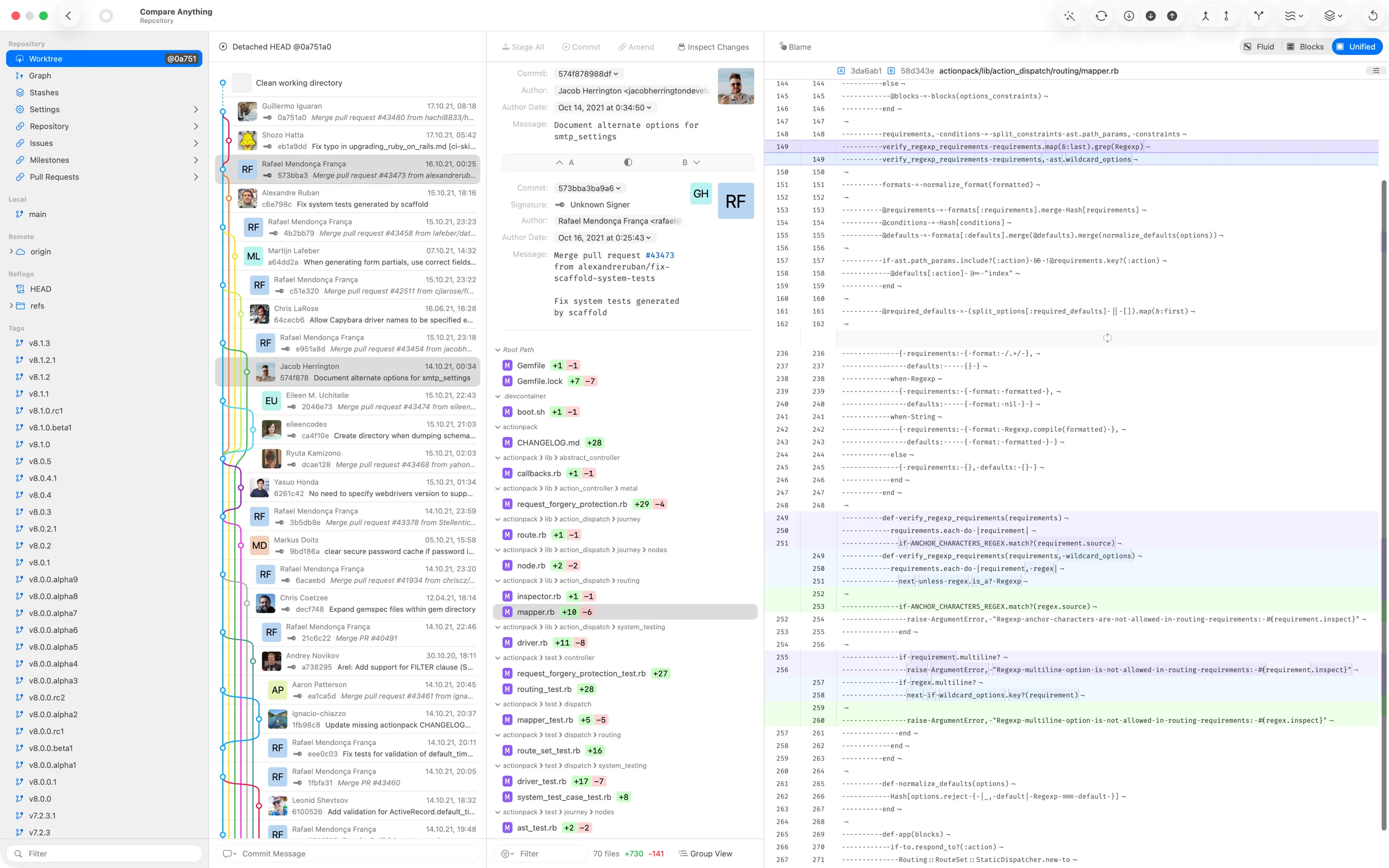 Gitfox repository view with commit graph and inspector