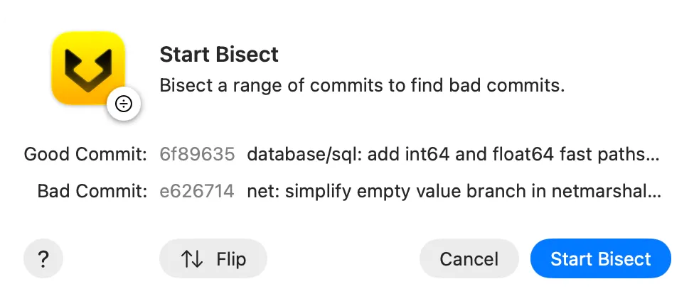 Choose the good and bad commits screenshot
