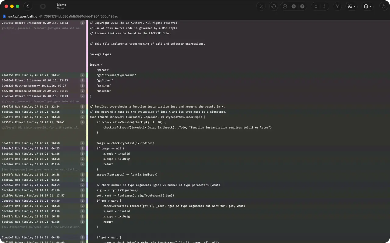 Inline blame view with author and commit annotations