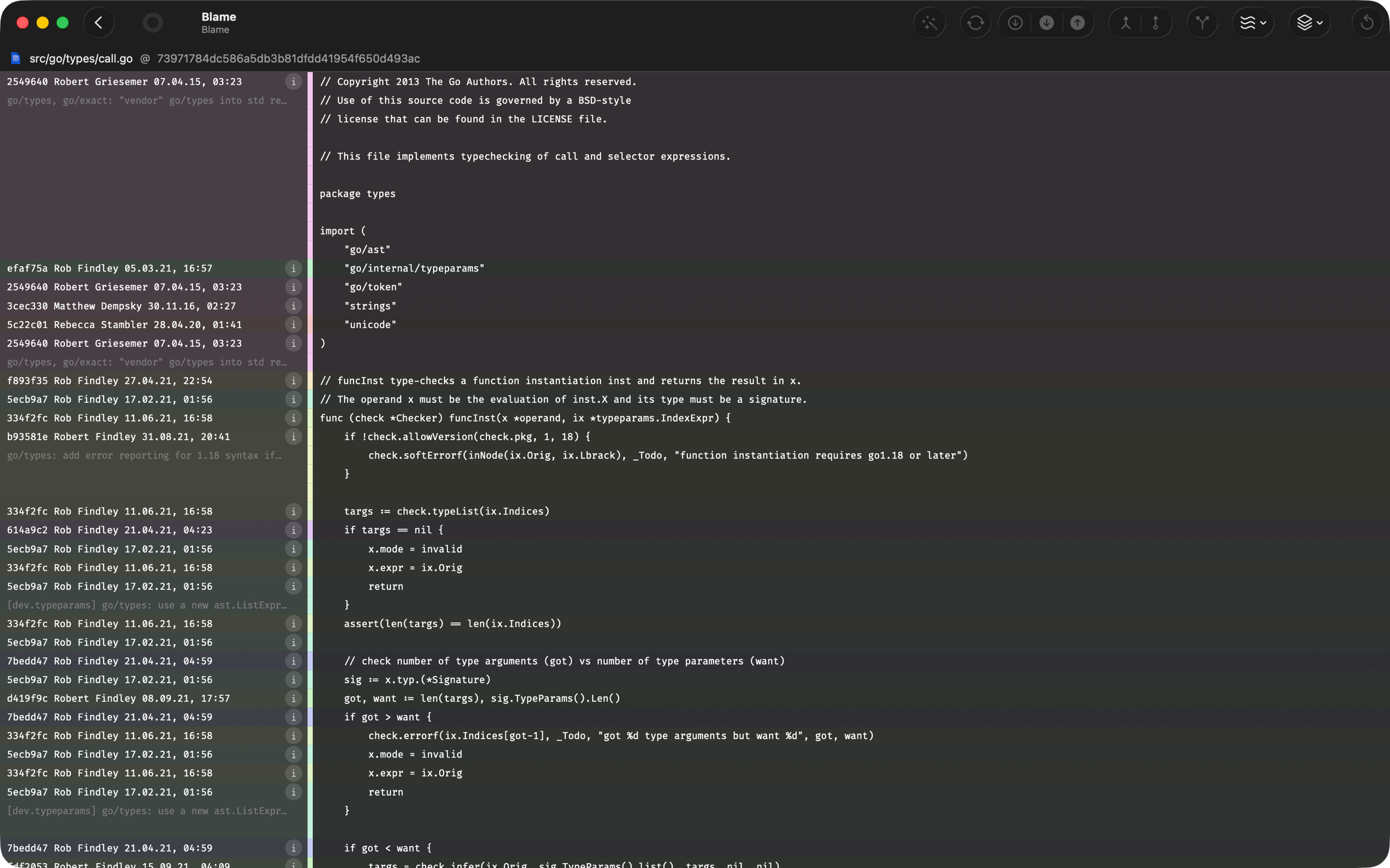 Inline blame view with author and commit annotations