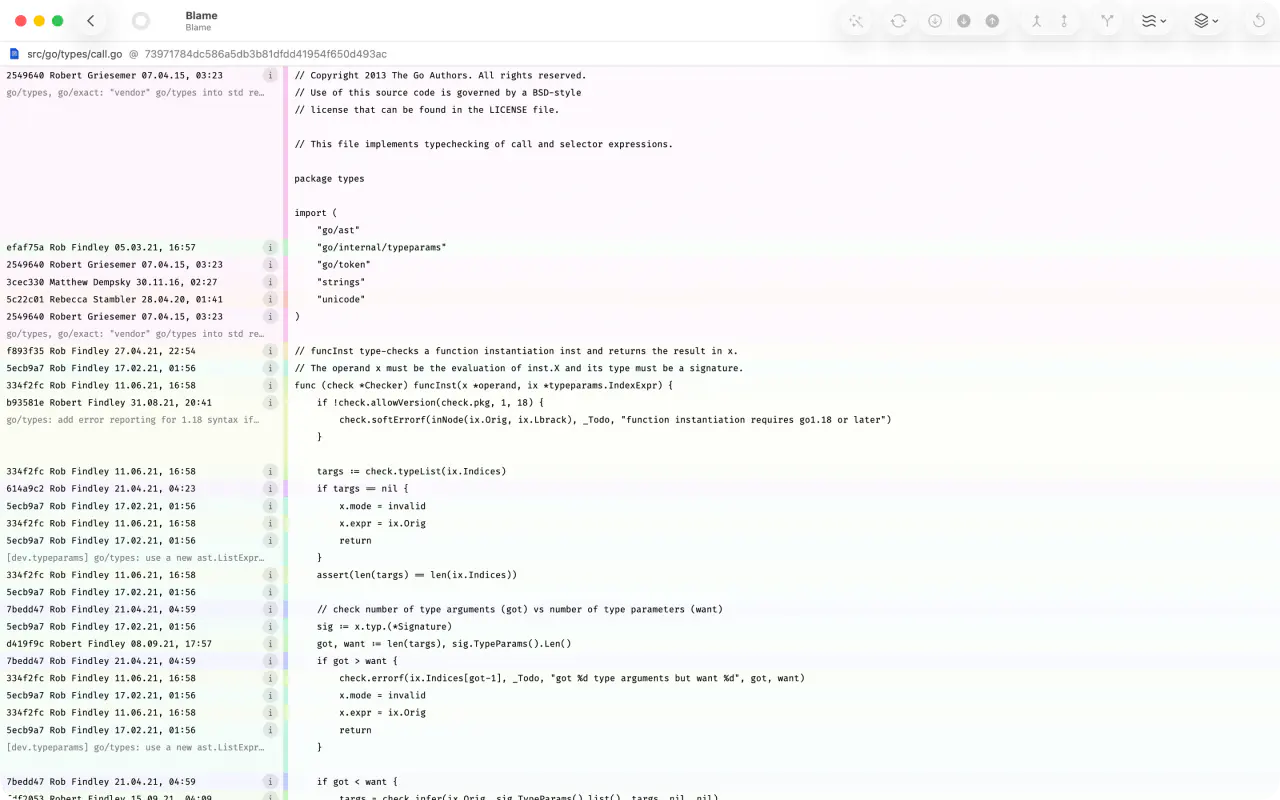 Inline blame view with author and commit annotations