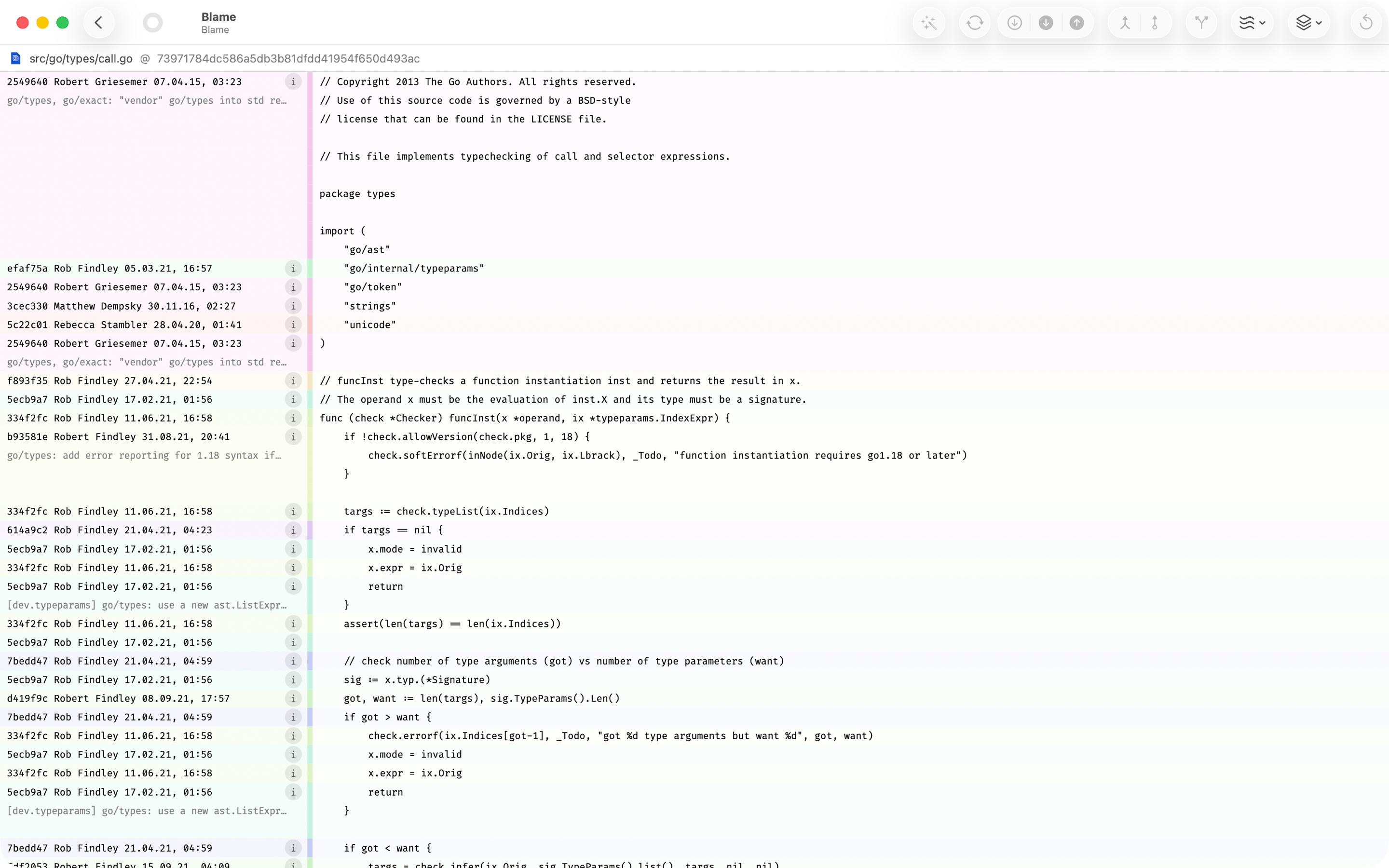 Inline blame view with author and commit annotations