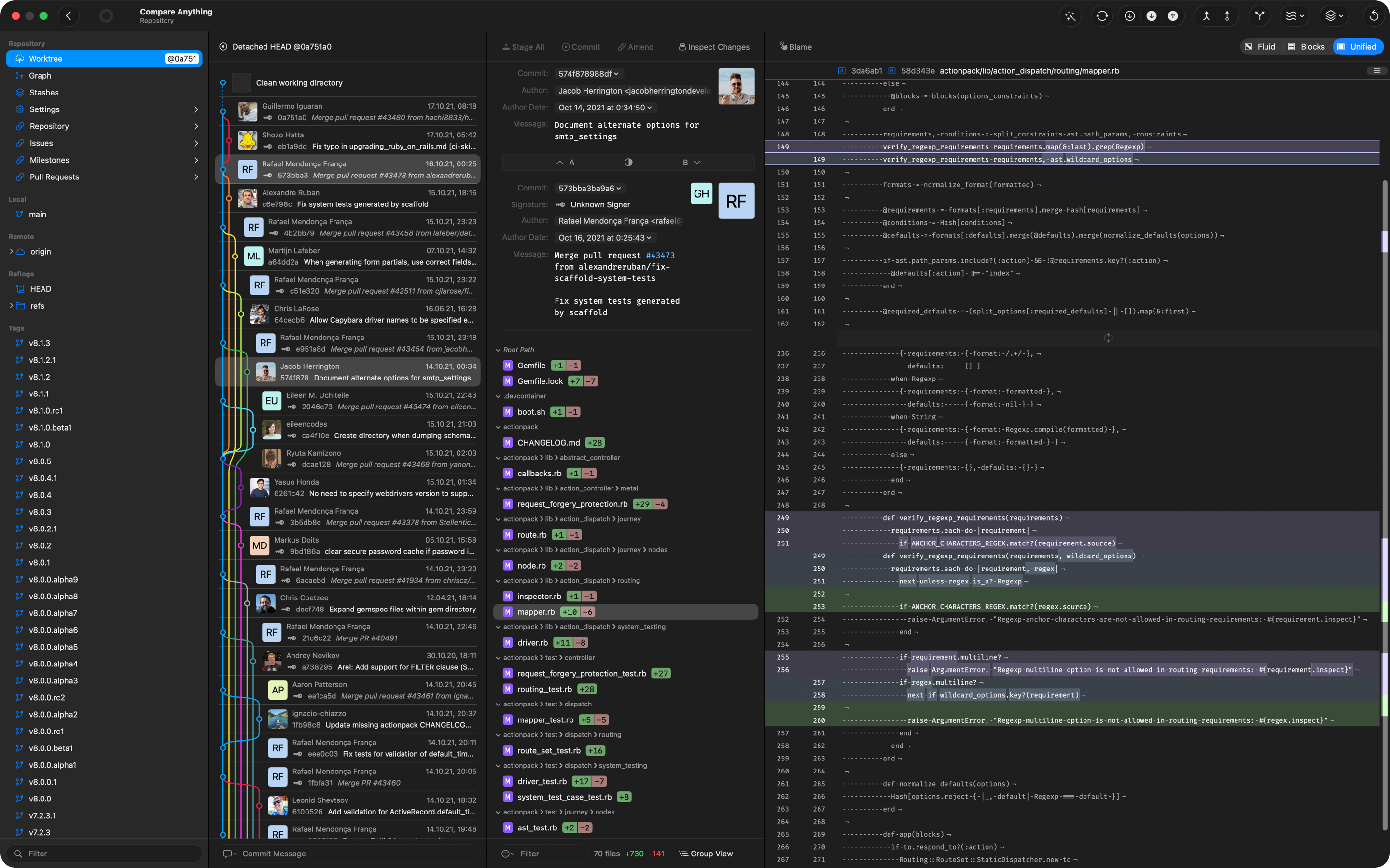 Gitfox repository view with commit graph and inspector