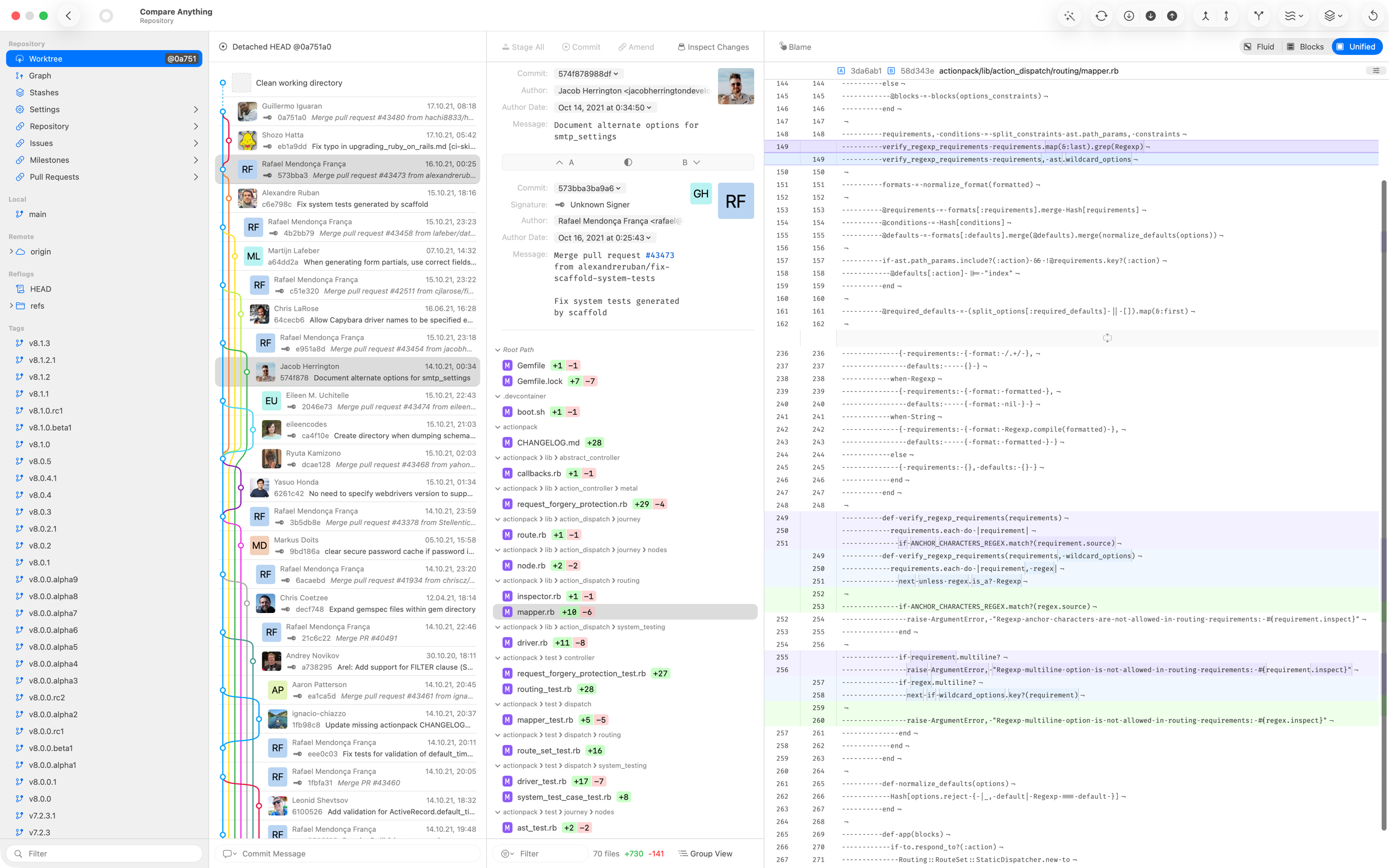 Gitfox repository view with commit graph and inspector