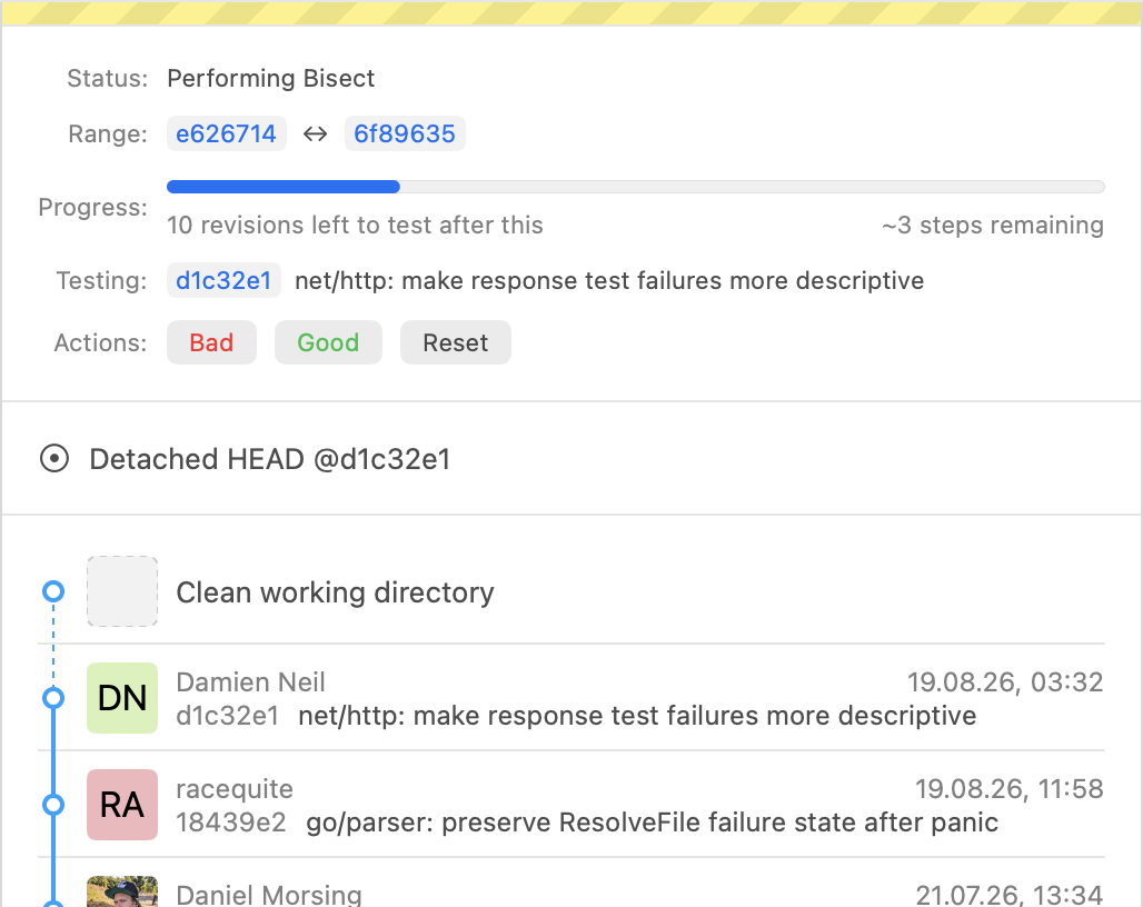 Test commits during an active bisect screenshot
