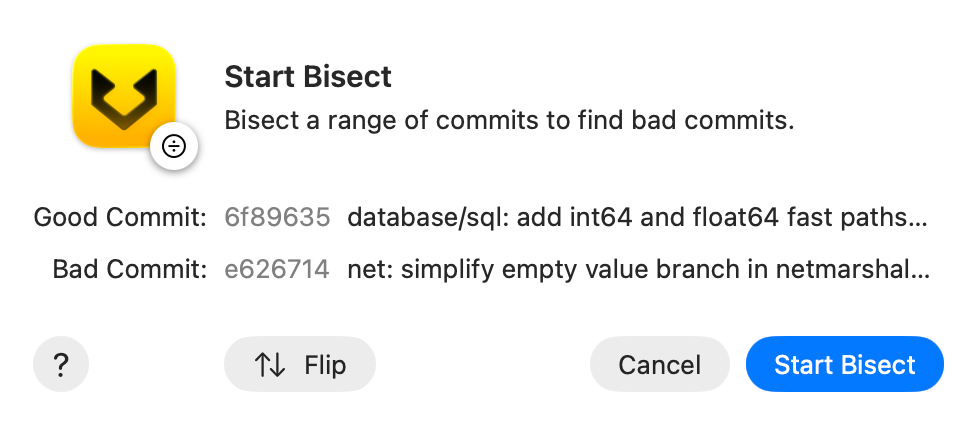 Choose the good and bad commits screenshot