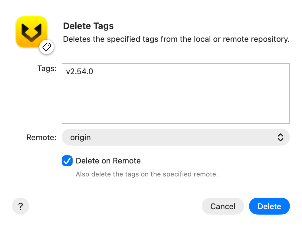 Delete local or remote tags screenshot