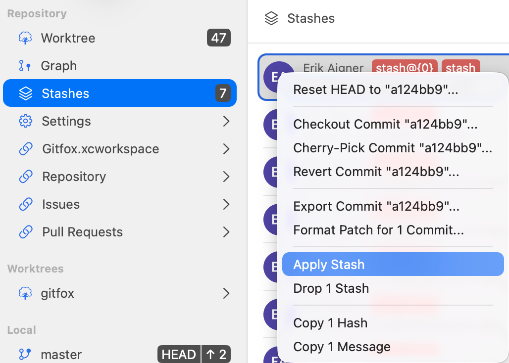 Apply a stash from the sidebar screenshot