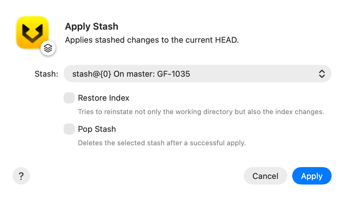 Apply a stash from the main menu screenshot
