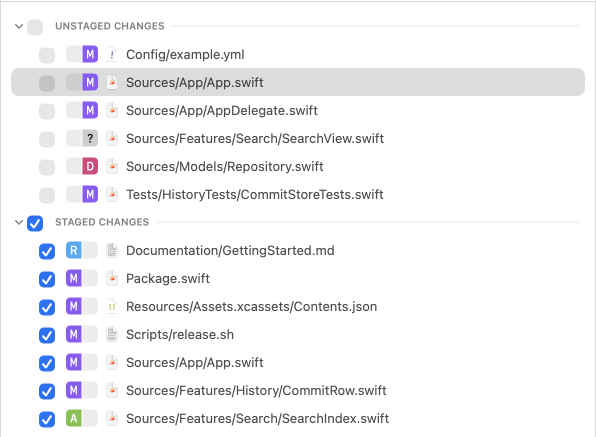 Separate staged and unstaged changes screenshot